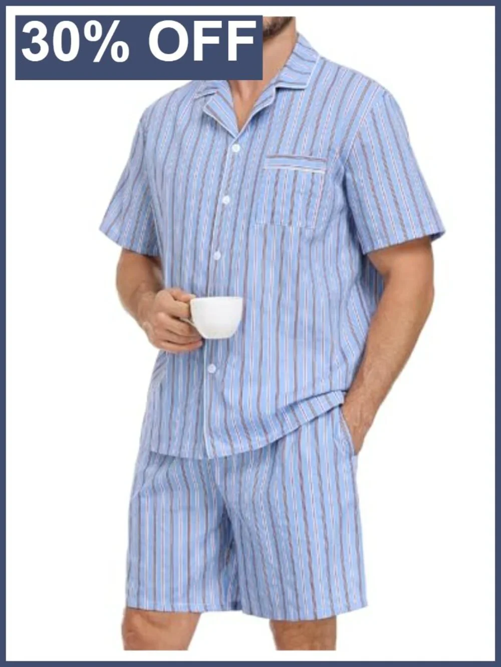 Men's 100% Cotton Pajama Set - 2 Piece Button Down Short Sleeve Sleepwear with